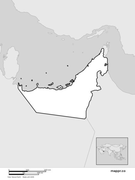 Blank political map of United Arab Emirates showing its international borders without labels (black and white).