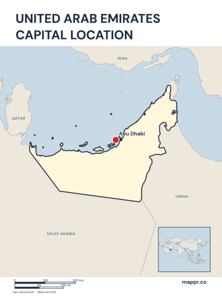 Detailed map pinpointing Abu Dhabi, the capital of United Arab Emirates.