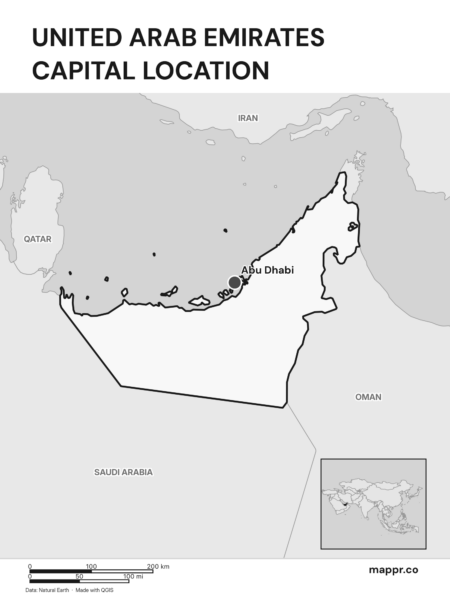 Detailed map pinpointing Abu Dhabi, the capital of United Arab Emirates (black and white).