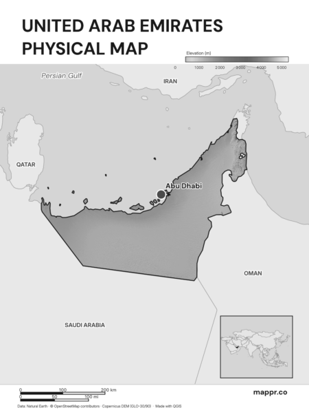 Map featuring Abu Dhabi, the capital of United Arab Emirates, with rich topographical detail (black and white).