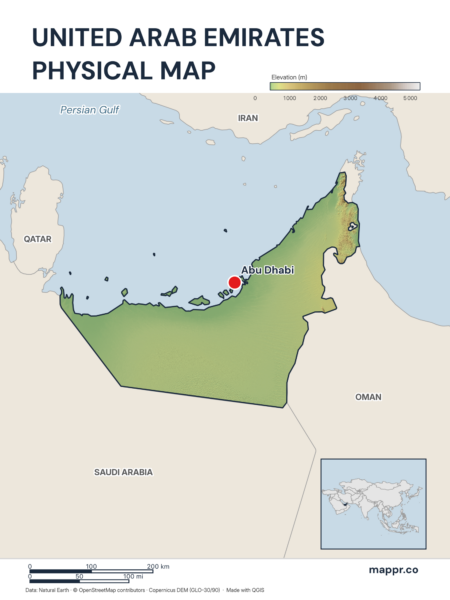 Map featuring Abu Dhabi, the capital of United Arab Emirates, with rich topographical detail.