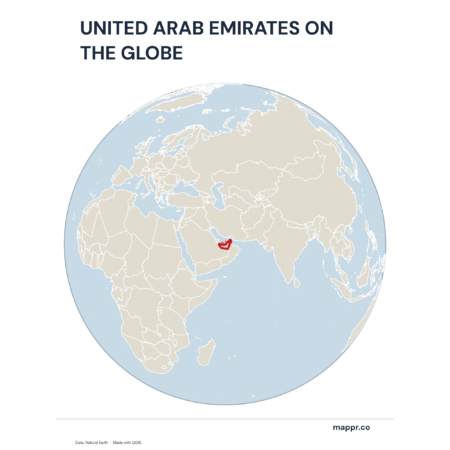 A map highlighting United Arab Emirates's location on a globe, marked with a red outline.
