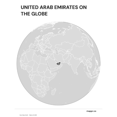 A map highlighting United Arab Emirates's location on a globe, marked with a red outline (black and white).