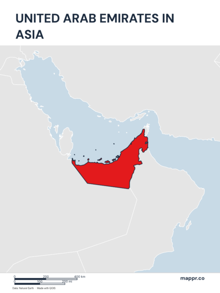 A map highlighting United Arab Emirates's location on the asian continent.