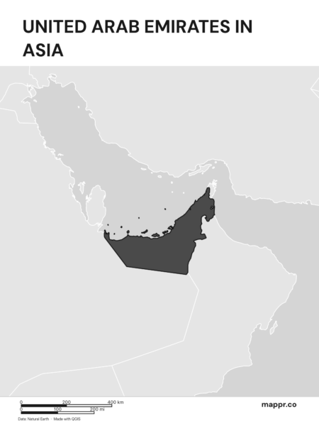 A map highlighting United Arab Emirates's location on the asian continent (black and white).