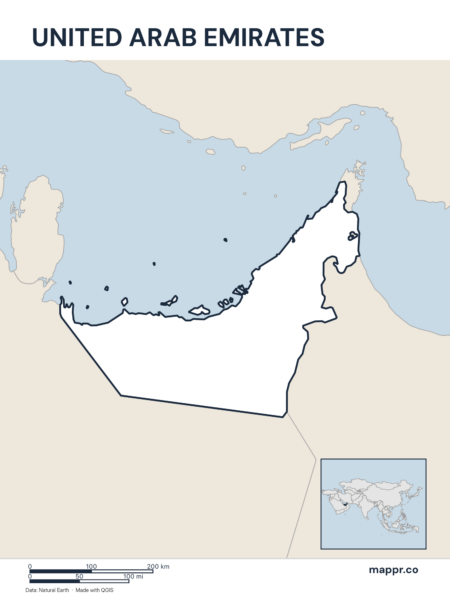 Outline map of United Arab Emirates with detailed country borders.
