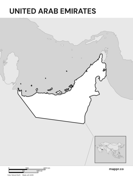 Outline map of United Arab Emirates with detailed country borders (black and white).