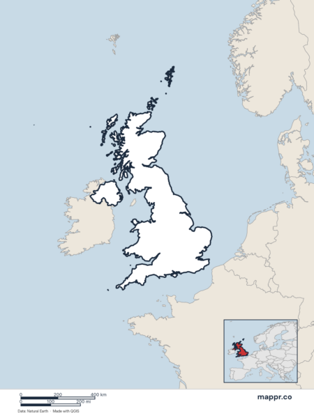 Blank political map of United Kingdom showing its international borders without labels.