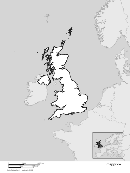Blank political map of United Kingdom showing its international borders without labels (black and white).