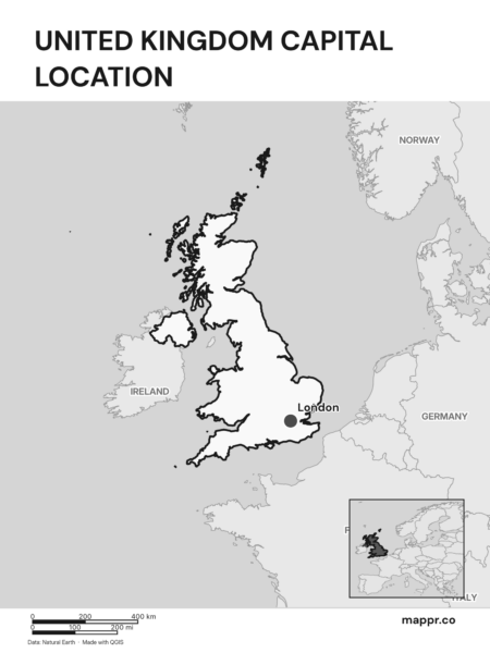 Detailed map pinpointing London, the capital of United Kingdom (black and white).