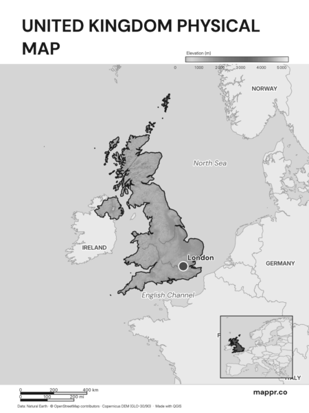 Map featuring London, the capital of United Kingdom, with rich topographical detail (black and white).