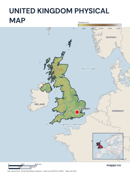 Map featuring London, the capital of United Kingdom, with rich topographical detail.
