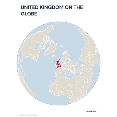 A map highlighting United Kingdom's location on a globe, marked with a red outline.