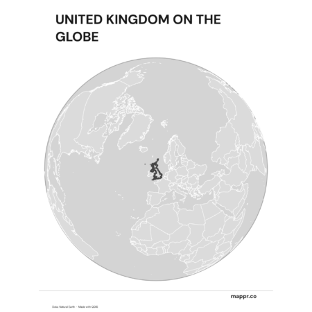 A map highlighting United Kingdom's location on a globe, marked with a red outline (black and white).