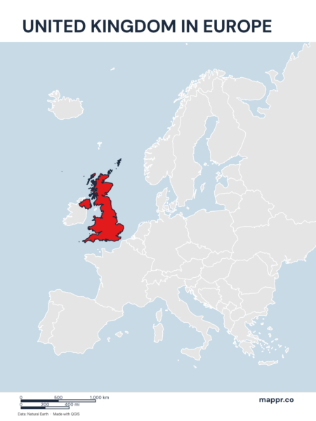 A map highlighting United Kingdom's location on the european continent.