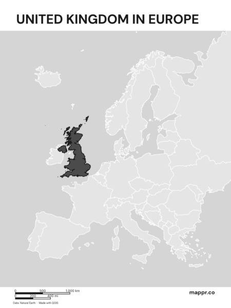 A map highlighting United Kingdom's location on the european continent (black and white).