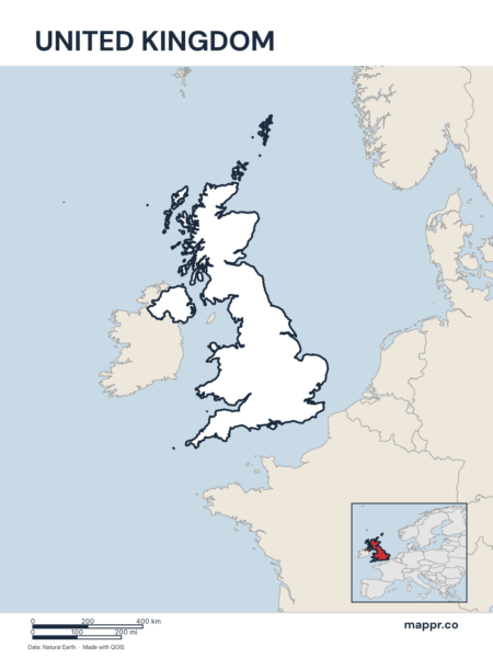 Outline map of United Kingdom with detailed country borders, showcasing its geographical shape.