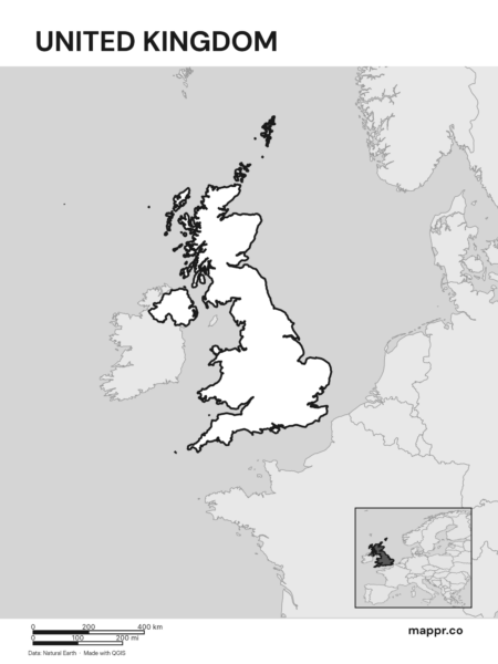 Outline map of United Kingdom with detailed country borders, showcasing its geographical shape (black and white).