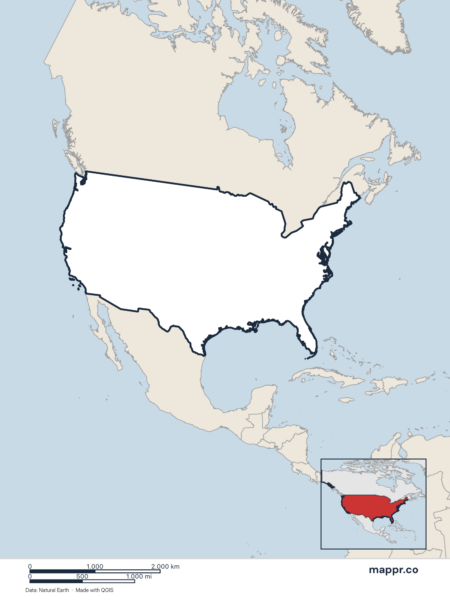 Blank political map of United States showing its international borders without labels.