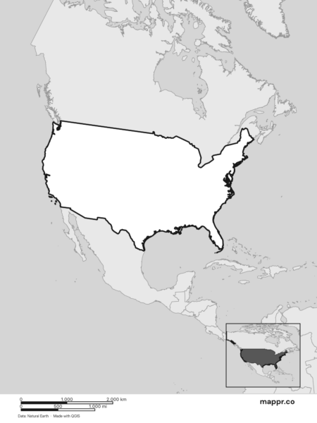Blank political map of United States showing its international borders without labels (black and white).