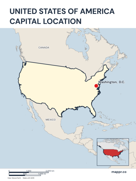 Detailed map pinpointing Washington, D.C., the capital of United States.