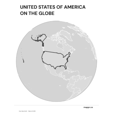 A map highlighting United States's location on a globe, marked with a red outline (black and white).