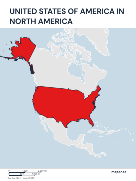 A map highlighting United States's location on the north american continent.