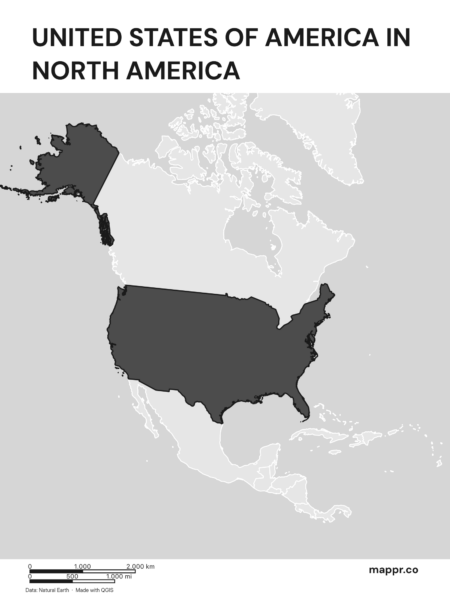A map highlighting United States's location on the north american continent (black and white).