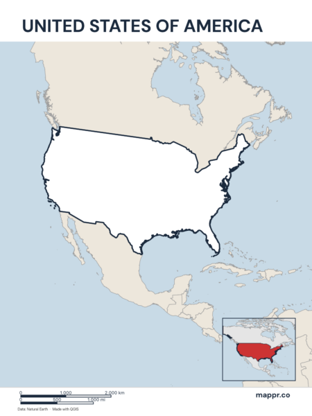 Outline map of United States with detailed country borders, showcasing its geographical shape.