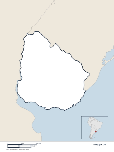Blank political map of Uruguay showing its international borders without labels.
