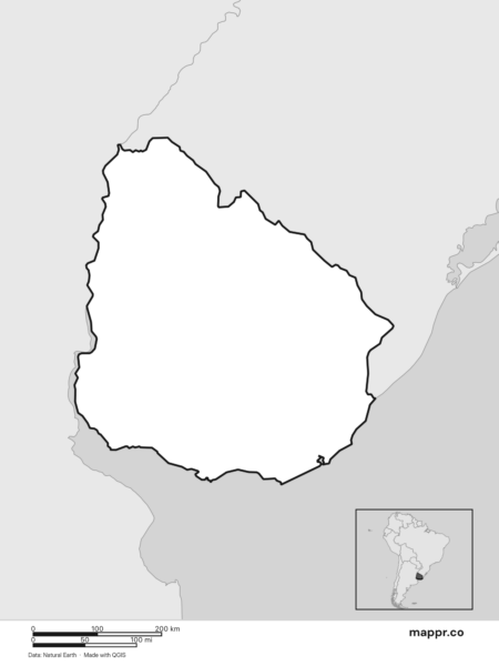 Blank political map of Uruguay showing its international borders without labels (black and white).