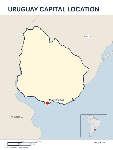Detailed map pinpointing Montevideo, the capital of Uruguay.