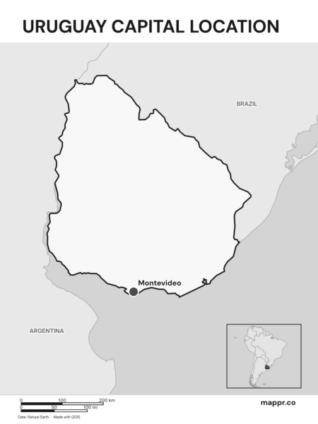 Detailed map pinpointing Montevideo, the capital of Uruguay (black and white).