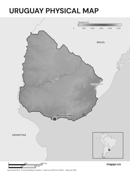 Map featuring Montevideo, the capital of Uruguay, with rich topographical detail (black and white).