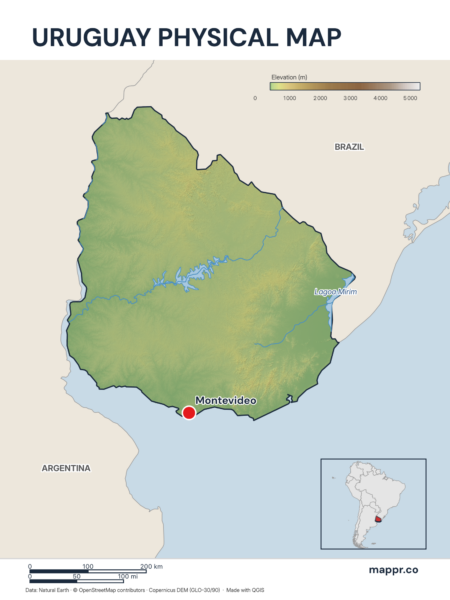 Map featuring Montevideo, the capital of Uruguay, with rich topographical detail.