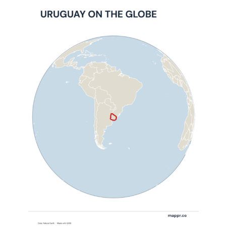 A map highlighting Uruguay's location on a globe, marked with a red outline.