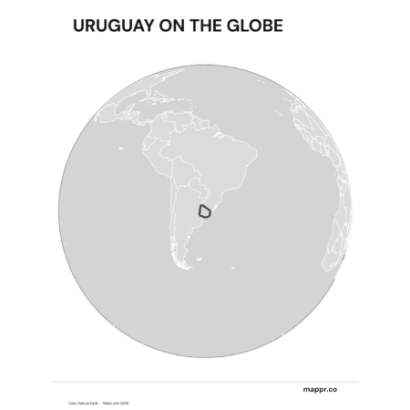 A map highlighting Uruguay's location on a globe, marked with a red outline (black and white).