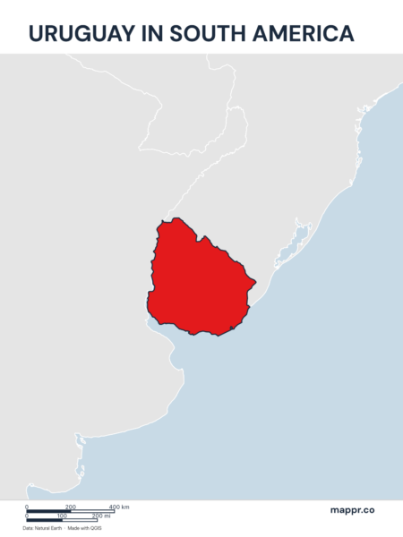 A map highlighting Uruguay's location on the south american continent.