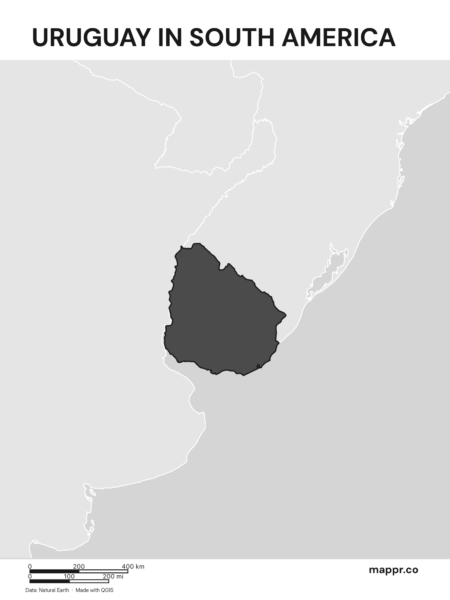 A map highlighting Uruguay's location on the south american continent (black and white).