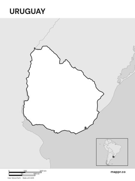Outline map of Uruguay with detailed country borders (black and white).