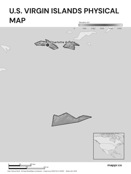 Map featuring Charlotte Amalie, the capital of U.S. Virgin Islands, with rich topographical detail (black and white).