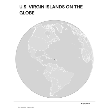 A map highlighting U.S. Virgin Islands's location on a globe, marked with a red outline (black and white).