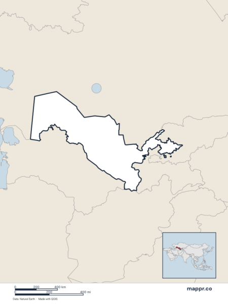 Blank political map of Uzbekistan showing its international borders without labels.