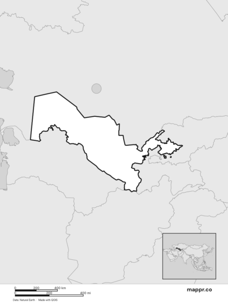 Blank political map of Uzbekistan showing its international borders without labels (black and white).