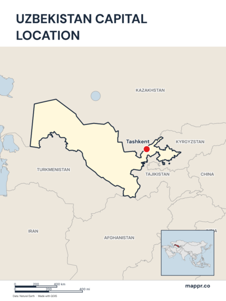 Detailed map pinpointing Tashkent, the capital of Uzbekistan.