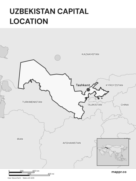 Detailed map pinpointing Tashkent, the capital of Uzbekistan (black and white).