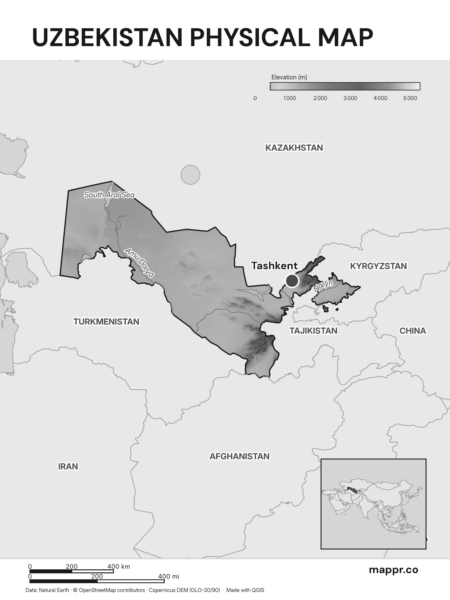 Map featuring Tashkent, the capital of Uzbekistan, with rich topographical detail (black and white).