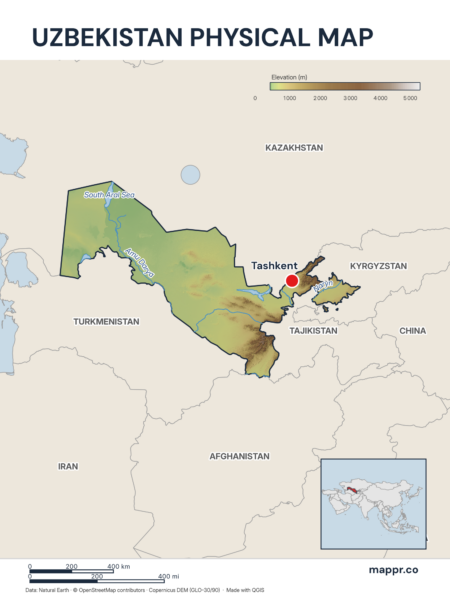 Map featuring Tashkent, the capital of Uzbekistan, with rich topographical detail.