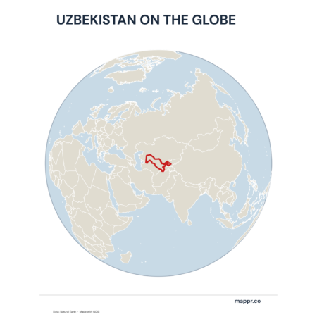 A map highlighting Uzbekistan's location on a globe, marked with a red outline.