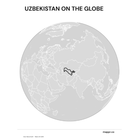 A map highlighting Uzbekistan's location on a globe, marked with a red outline (black and white).